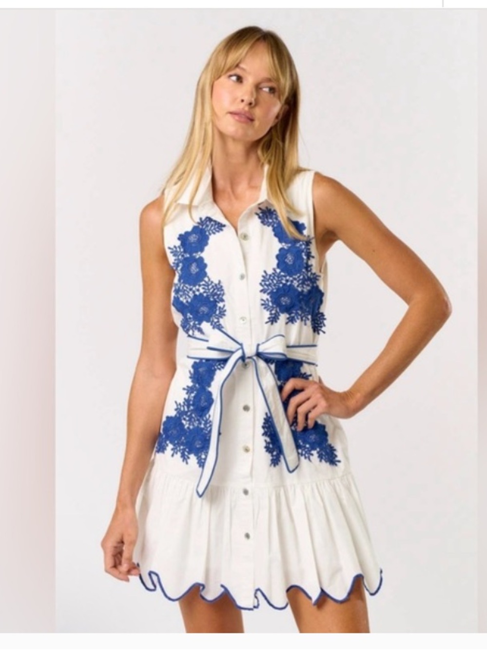 Sleeveless White Mini Dress with Blue Embroidery and Tie Waist